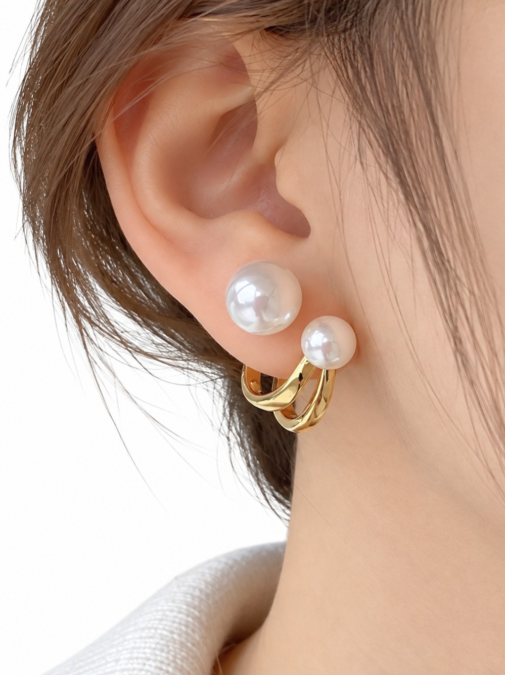 Gold Pearl Double-Stud Hoop Earrings - White Pearl